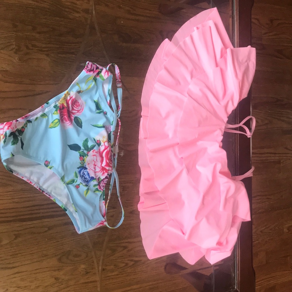 Floral and Pink Ruffle Bikini Set